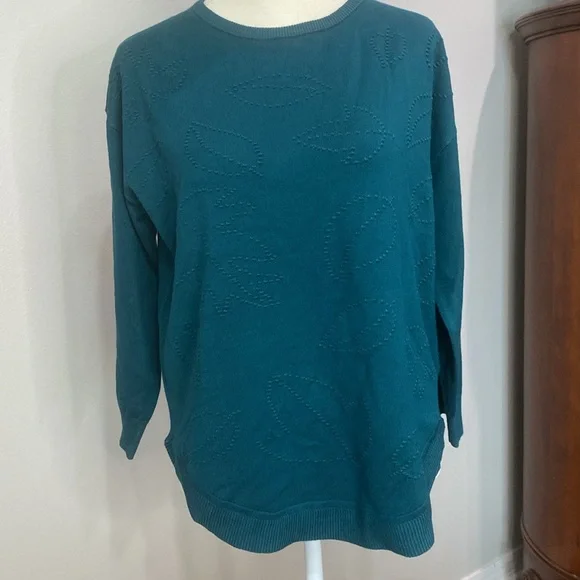 Cable & Gauge teal green leaf pattern half sleeve sweater size medium NWT - Picture 2 of 6